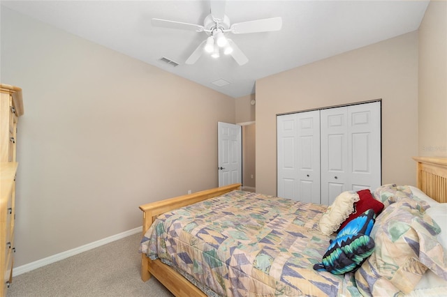 bedroom featuring a closet, ceiling fan, and carpet flooring