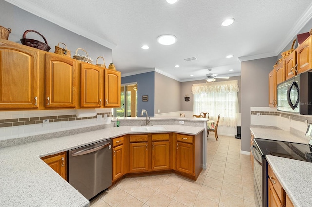 kitchen featuring light tile flooring, crown molding, black appliances, tasteful backsplash, and ceiling fan