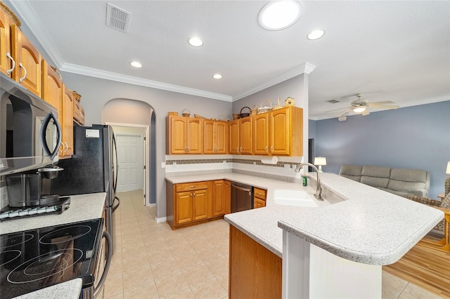 kitchen featuring ceiling fan, sink, stainless steel appliances, ornamental molding, and kitchen peninsula