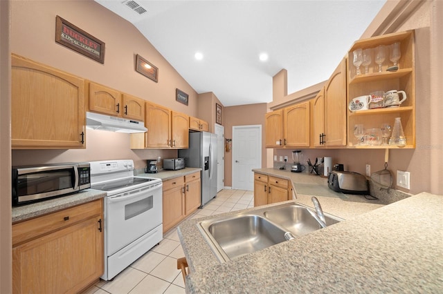 kitchen with light brown cabinetry, sink, lofted ceiling, and appliances with stainless steel finishes