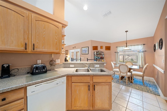 kitchen with kitchen peninsula, light brown cabinetry, white dishwasher, sink, and light tile patterned floors