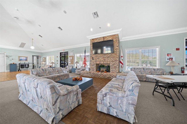 living room with crown molding, a fireplace, dark parquet floors, and a healthy amount of sunlight