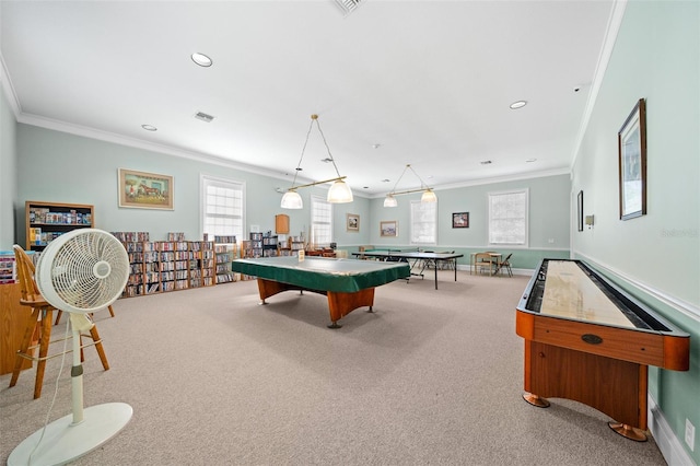 game room with carpet flooring, ornamental molding, and pool table