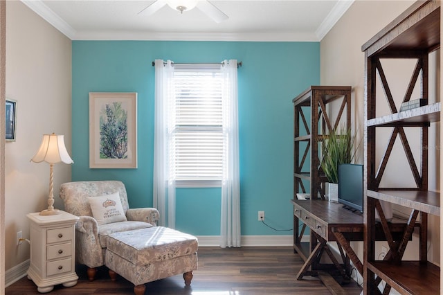 interior space with hardwood / wood-style flooring, crown molding, and ceiling fan