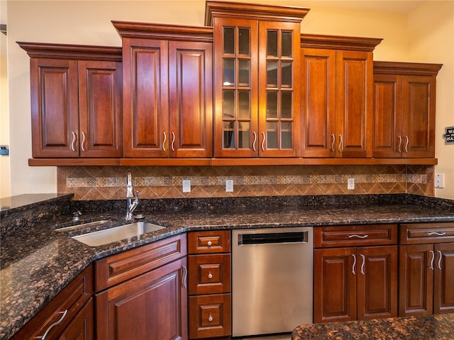 kitchen with sink, dishwasher, backsplash, and dark stone countertops