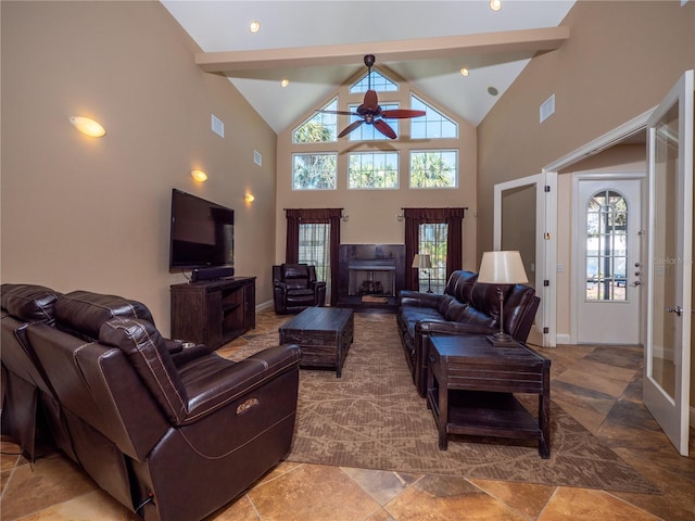 living room featuring beam ceiling, high vaulted ceiling, a wealth of natural light, and ceiling fan