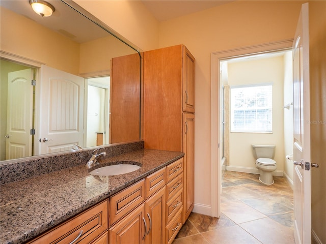 full bathroom with vanity, shower with separate bathtub, toilet, and tile patterned flooring