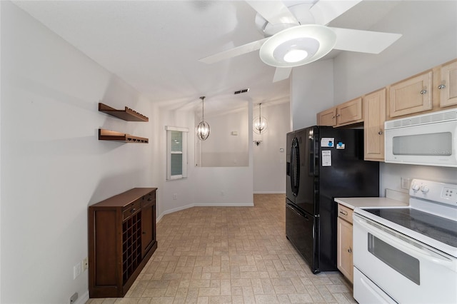 kitchen with decorative light fixtures, white appliances, light brown cabinets, a skylight, and ceiling fan