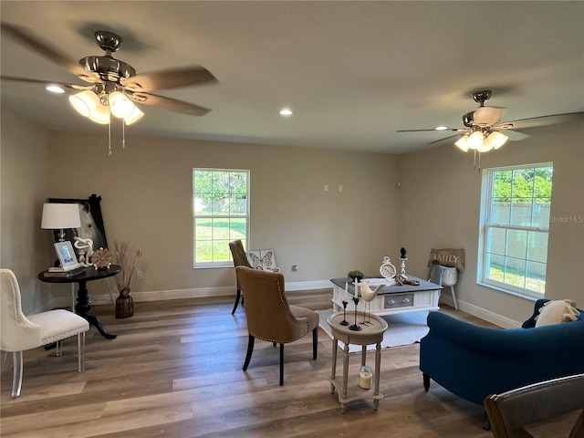 interior space featuring wood-type flooring, ceiling fan, and a wealth of natural light