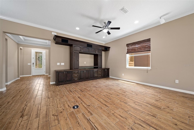 3396 NW 55th Ct, Ocala, FL 34482 - unfurnished living room with ornamental molding, ceiling fan, light wood-style floors, and recessed lighting