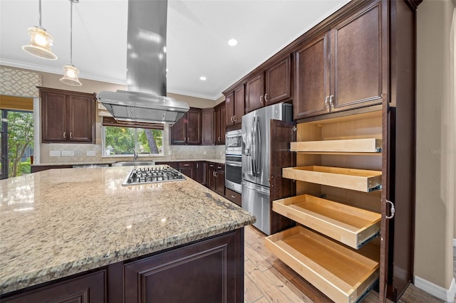 3396 NW 55th Ct, Ocala, FL 34482 - kitchen with stainless steel appliances, island exhaust hood, light wood-type flooring, crown molding, and light stone countertops
