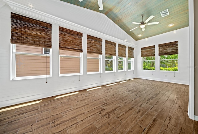 unfurnished sunroom featuring ceiling fan, wood ceiling, and vaulted ceiling