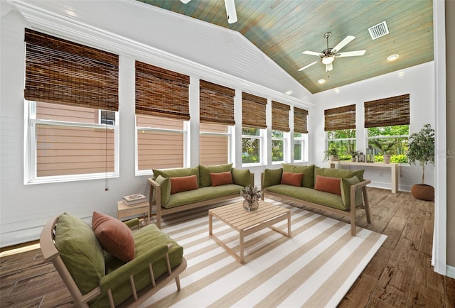 sunroom featuring ceiling fan, wooden ceiling, and vaulted ceiling