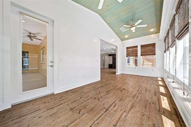 interior space with hardwood / wood-style flooring, high vaulted ceiling, and wooden ceiling