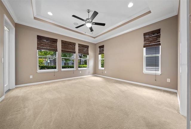 empty room with light carpet, a tray ceiling, and crown molding