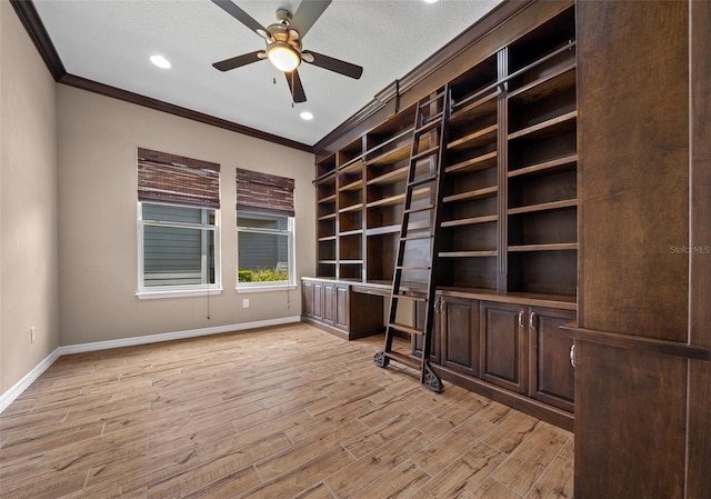 3396 NW 55th Ct, Ocala, FL 34482 - unfurnished office featuring crown molding, ceiling fan, light wood-style floors, recessed lighting, and a textured ceiling