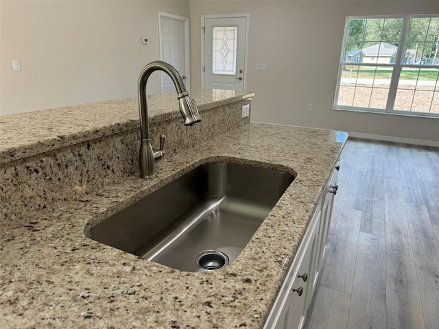 interior space with hardwood / wood-style flooring, light stone countertops, and sink