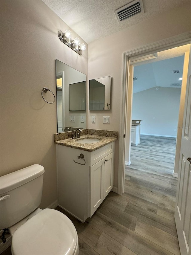 bathroom featuring wood-type flooring, lofted ceiling, a textured ceiling, toilet, and vanity