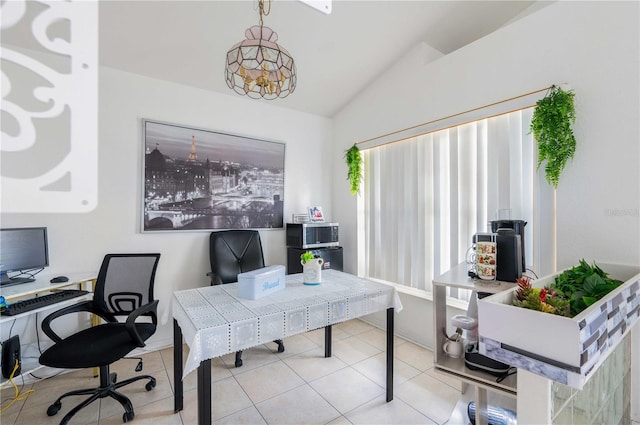 tiled office with lofted ceiling