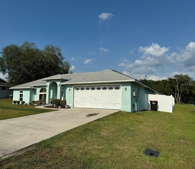 ranch-style house featuring a garage and a front lawn