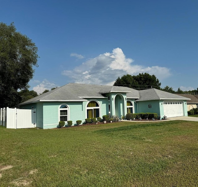 ranch-style house with a front lawn and a garage