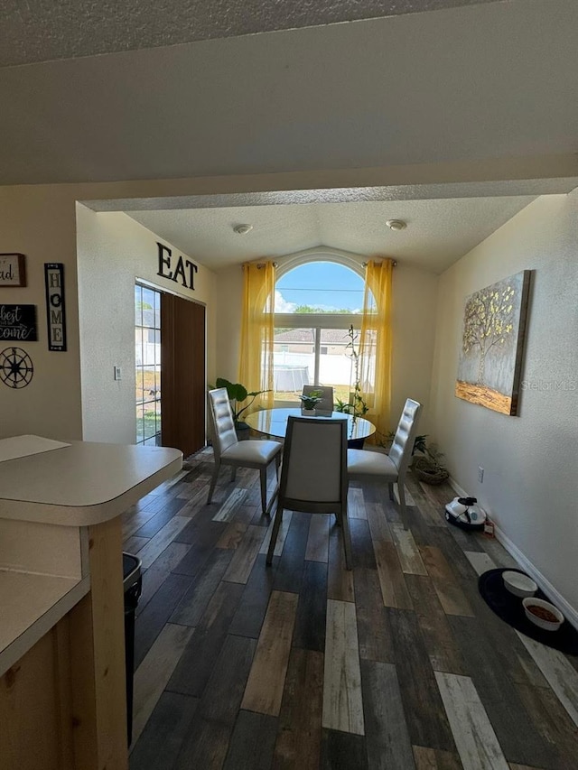 dining room featuring dark hardwood / wood-style floors and a textured ceiling