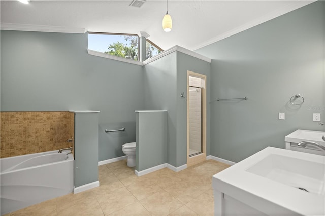 full bathroom featuring toilet, crown molding, plus walk in shower, sink, and lofted ceiling