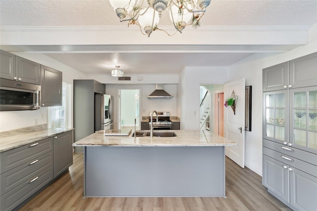 kitchen with gray cabinetry, sink, wall chimney exhaust hood, a center island with sink, and appliances with stainless steel finishes