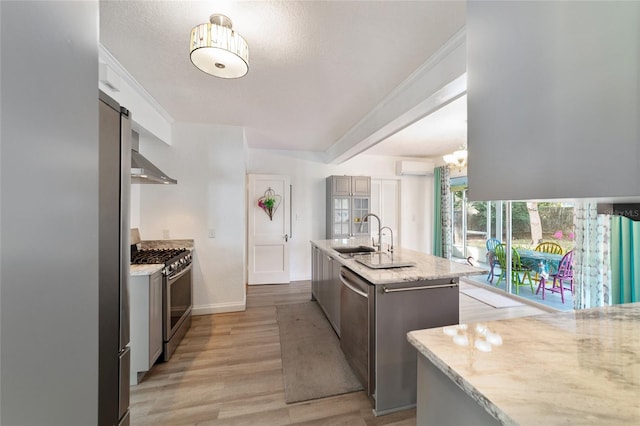 kitchen with a kitchen island with sink, a sink, appliances with stainless steel finishes, light wood-type flooring, and light stone countertops