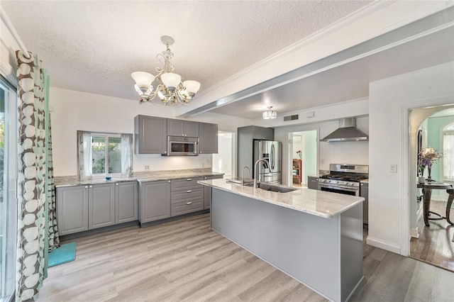 kitchen featuring light wood finished floors, visible vents, gray cabinetry, appliances with stainless steel finishes, and wall chimney exhaust hood