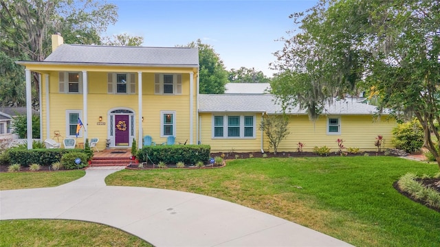 view of front of home featuring a front yard, covered porch, and a chimney