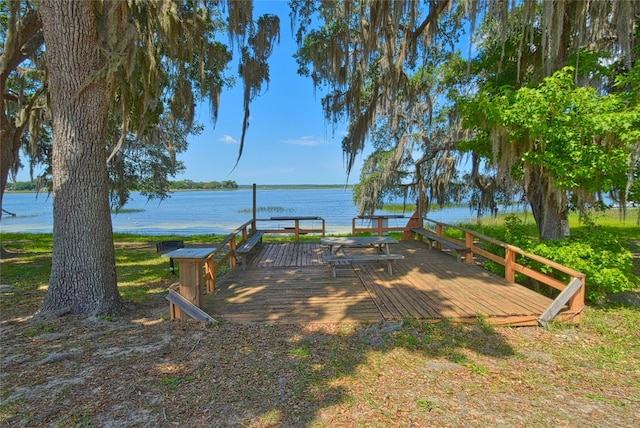 view of property's community with a deck with water view