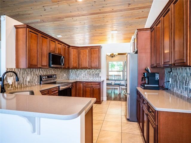 kitchen featuring stainless steel appliances, wooden ceiling, backsplash, sink, and light tile floors