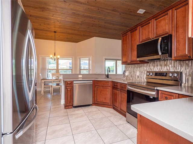 kitchen featuring tasteful backsplash, appliances with stainless steel finishes, hanging light fixtures, sink, and a chandelier