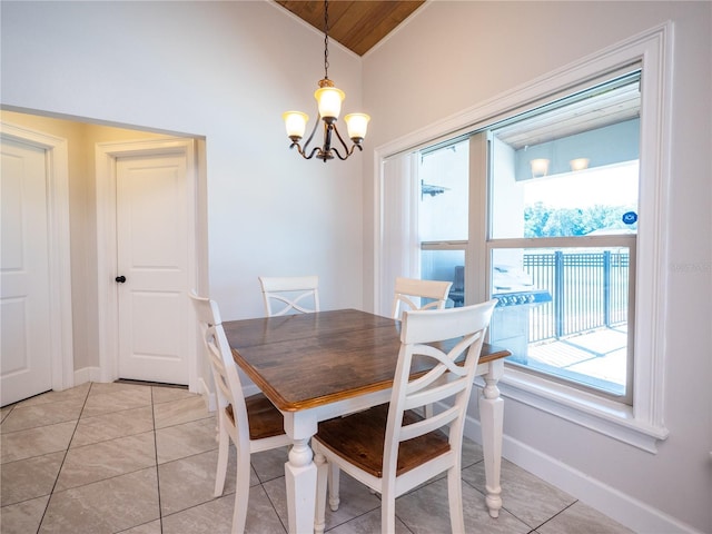 tiled dining space featuring a notable chandelier and wooden ceiling