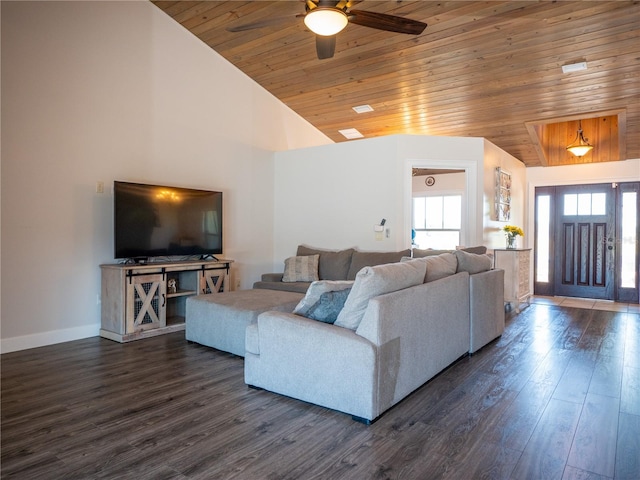 living room with high vaulted ceiling, wooden ceiling, dark hardwood / wood-style flooring, and ceiling fan