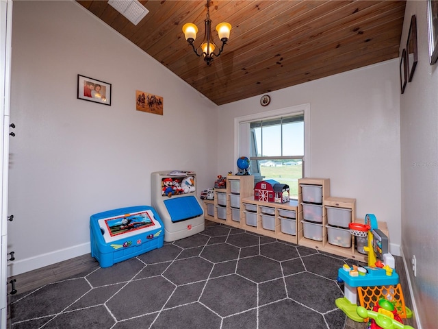 rec room featuring a notable chandelier, lofted ceiling, and wood ceiling