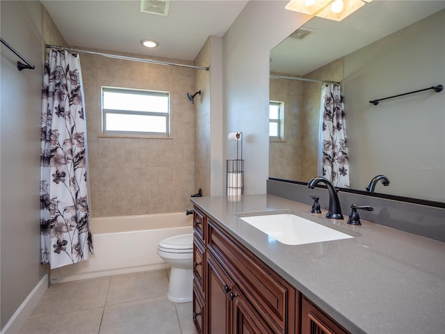 full bathroom featuring tile flooring, shower / tub combo, oversized vanity, and toilet