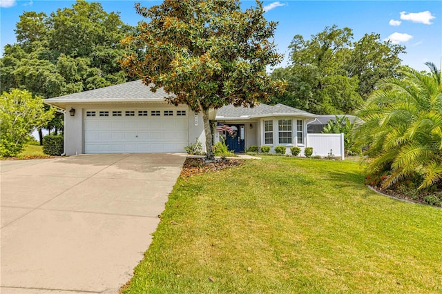 view of front of property with a front yard and a garage