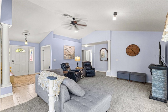 living room featuring ornate columns, ceiling fan, light colored carpet, and vaulted ceiling