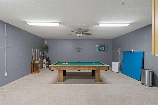 playroom with carpet flooring, ceiling fan, a textured ceiling, and pool table