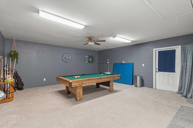 game room with ceiling fan, carpet, a textured ceiling, and billiards