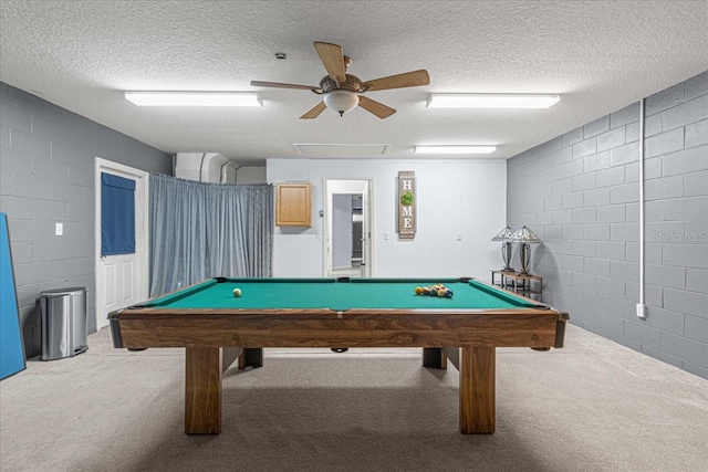 rec room with ceiling fan, carpet floors, a textured ceiling, and billiards