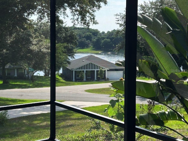 view of road with a water view