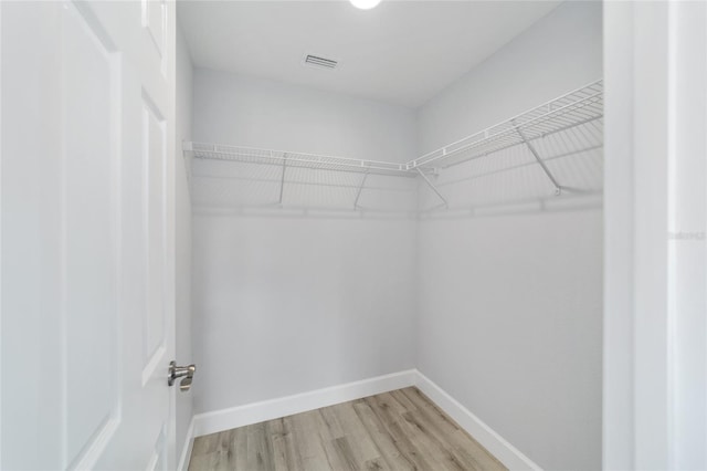 walk in closet with light hardwood / wood-style flooring