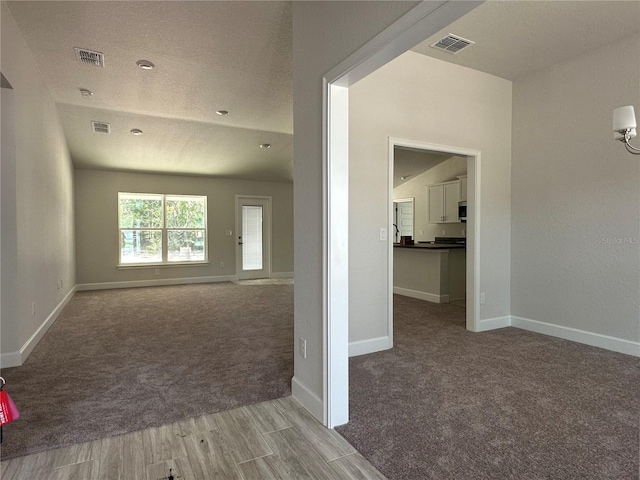 empty room featuring a textured ceiling and carpet floors