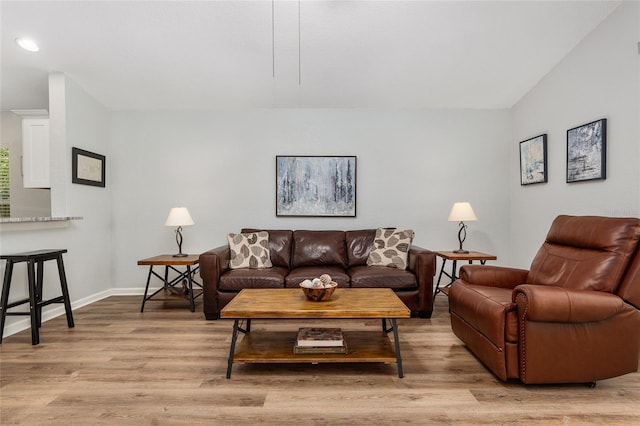 living room with hardwood / wood-style flooring and vaulted ceiling