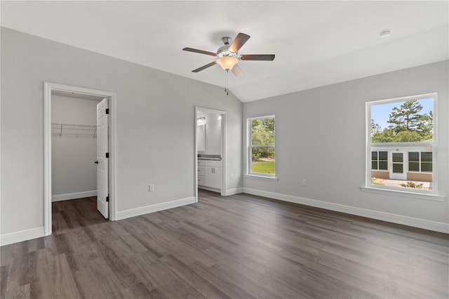 unfurnished bedroom featuring a walk in closet, dark wood-type flooring, a closet, ceiling fan, and vaulted ceiling