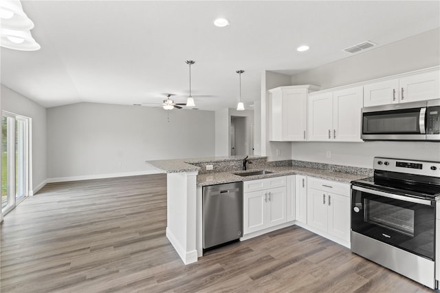 kitchen with light hardwood / wood-style flooring, kitchen peninsula, lofted ceiling, and appliances with stainless steel finishes