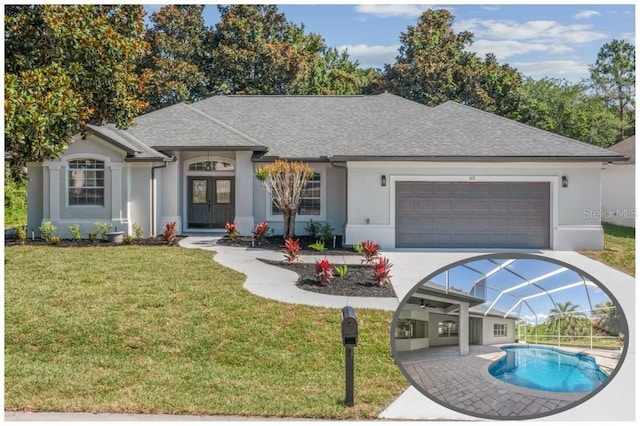 ranch-style house with a garage and a front lawn